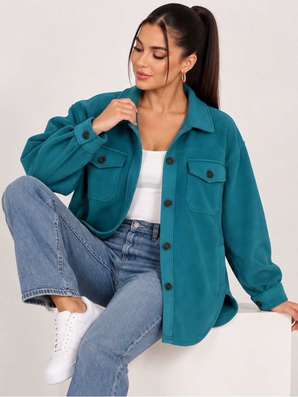 Teal Fleece Button-Up Women's Jacket